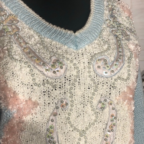 Vintage 90s Jaclyn Smith Pullover Sweater Beaded Paisley Detailing Light Blue S - Picture 9 of 15